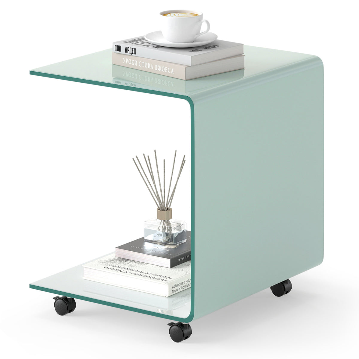 C-Shaped End Table Modern Tempered Glass Side Table with Shelf