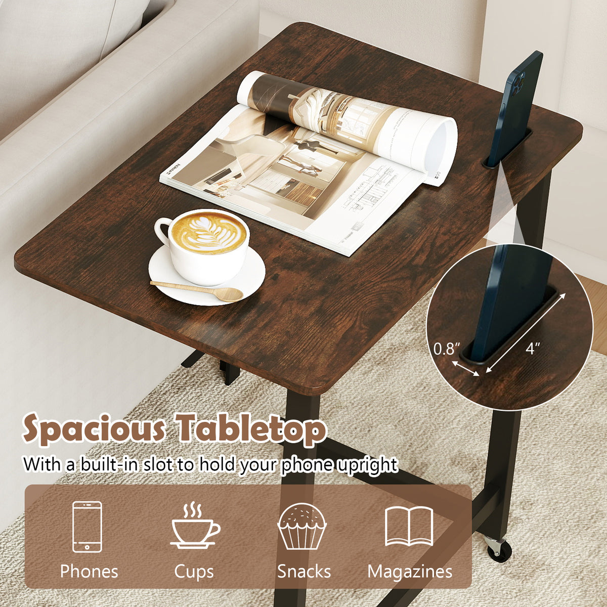 C-shaped End Table with Wheels Mobile Bedside Table with Built-in Phone Slot-Rustic Brown