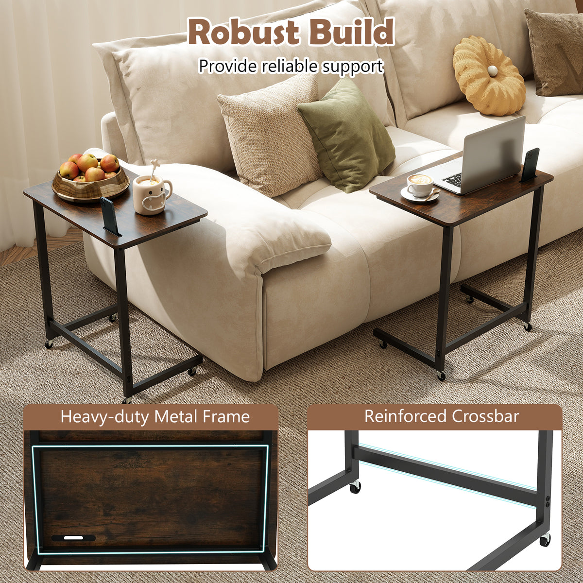 C-shaped End Table with Wheels Mobile Bedside Table with Built-in Phone Slot-Rustic Brown