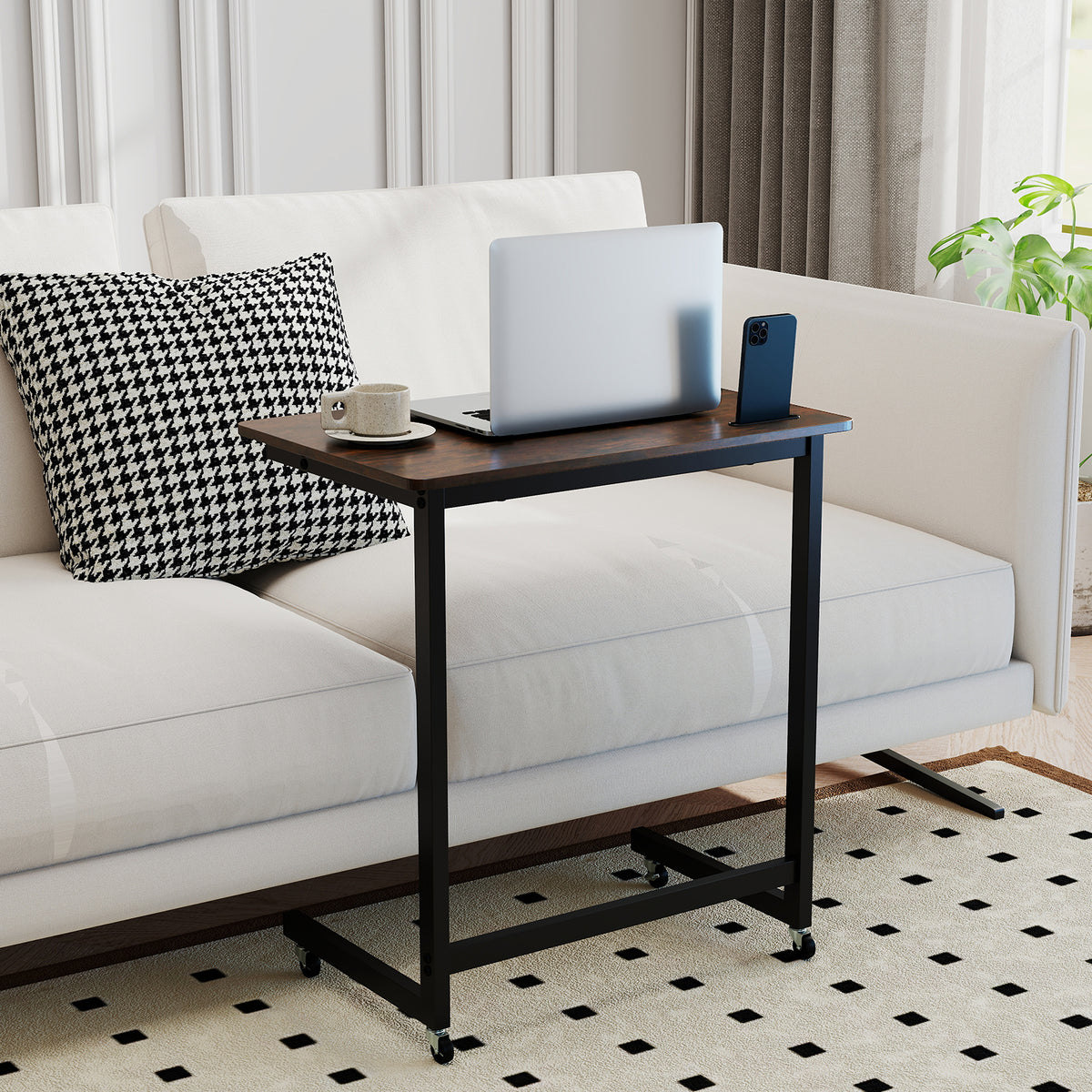 C-shaped End Table with Wheels Mobile Bedside Table with Built-in Phone Slot-Rustic Brown