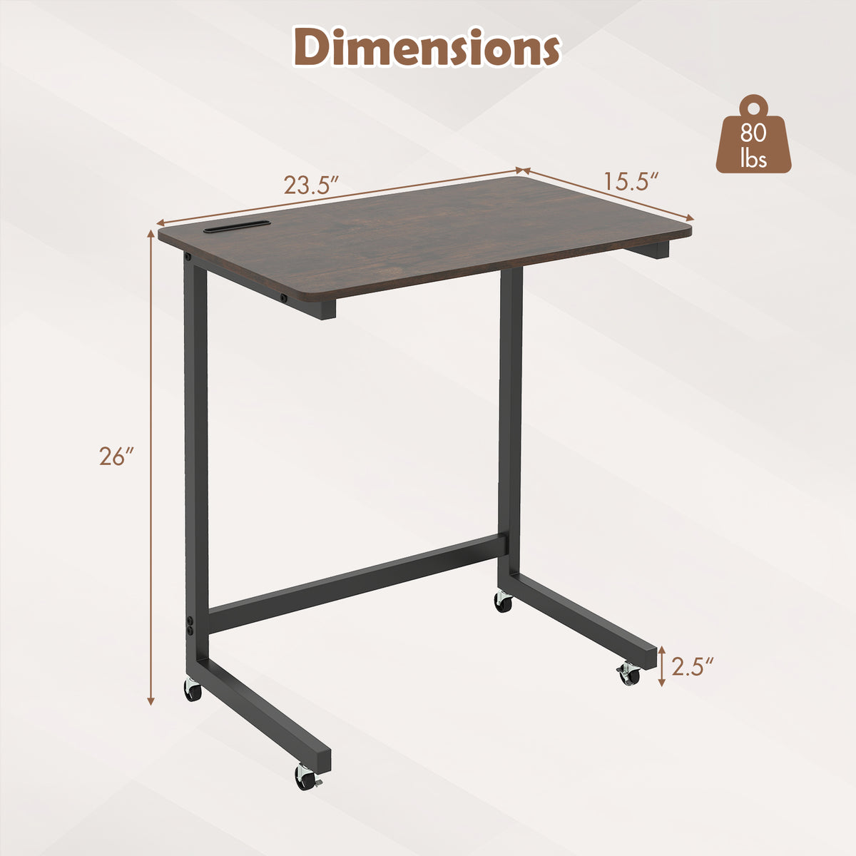 C-shaped End Table with Wheels Mobile Bedside Table with Built-in Phone Slot-Rustic Brown
