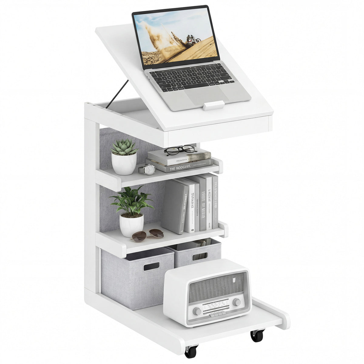 C-shaped End Table with Wheels and Adjustable Desktop for Sofa Couch Bedside
