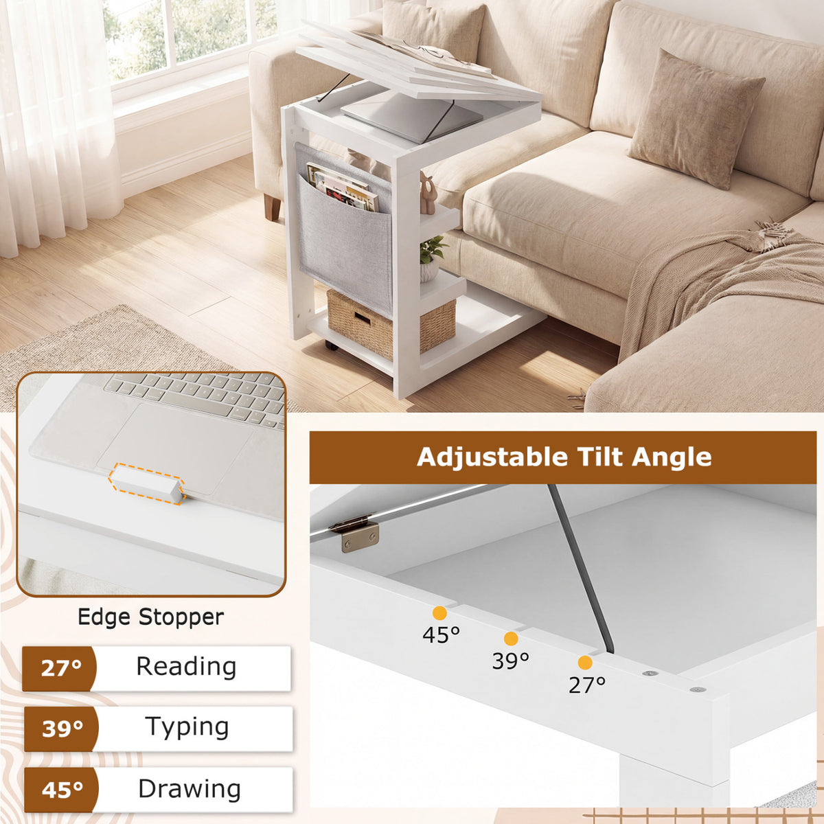 C-shaped End Table with Wheels and Adjustable Desktop for Sofa Couch Bedside