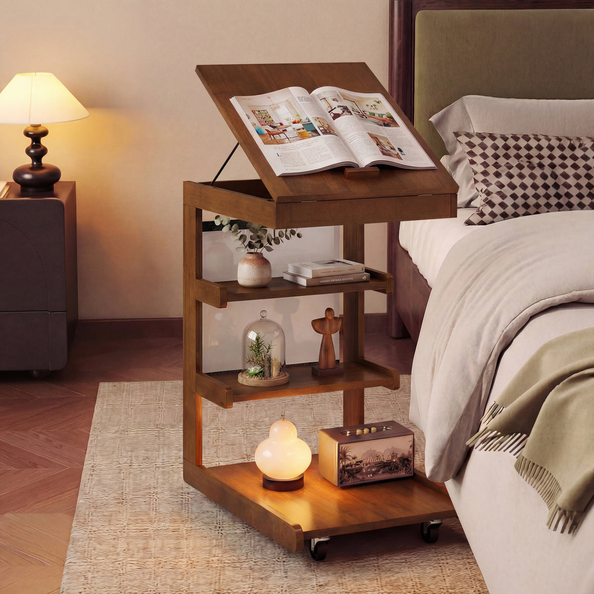 C-shaped End Table with Wheels and Adjustable Desktop for Sofa Couch Bedside