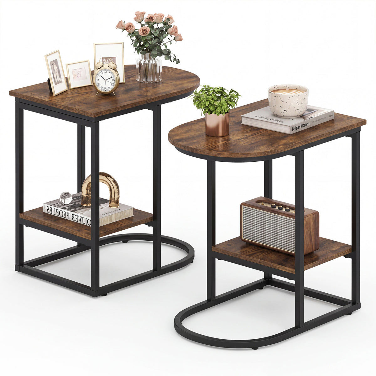 C-shaped Modern Sofa Side Table with Storage Shelf Faux and Marble Tabletop