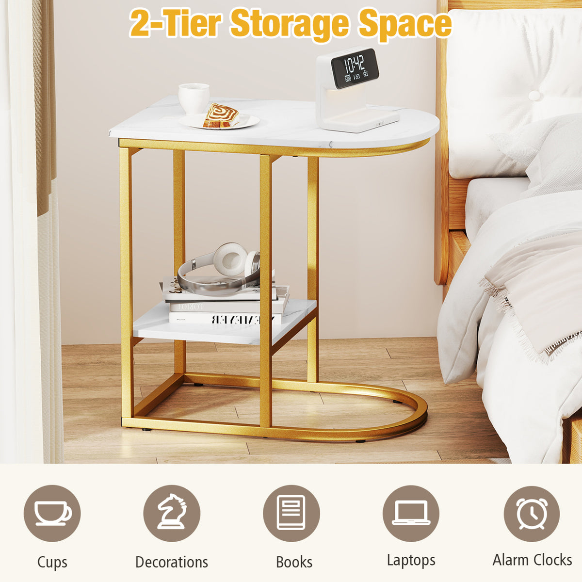 C-shaped Modern Sofa Side Table with Storage Shelf Faux and Marble Tabletop