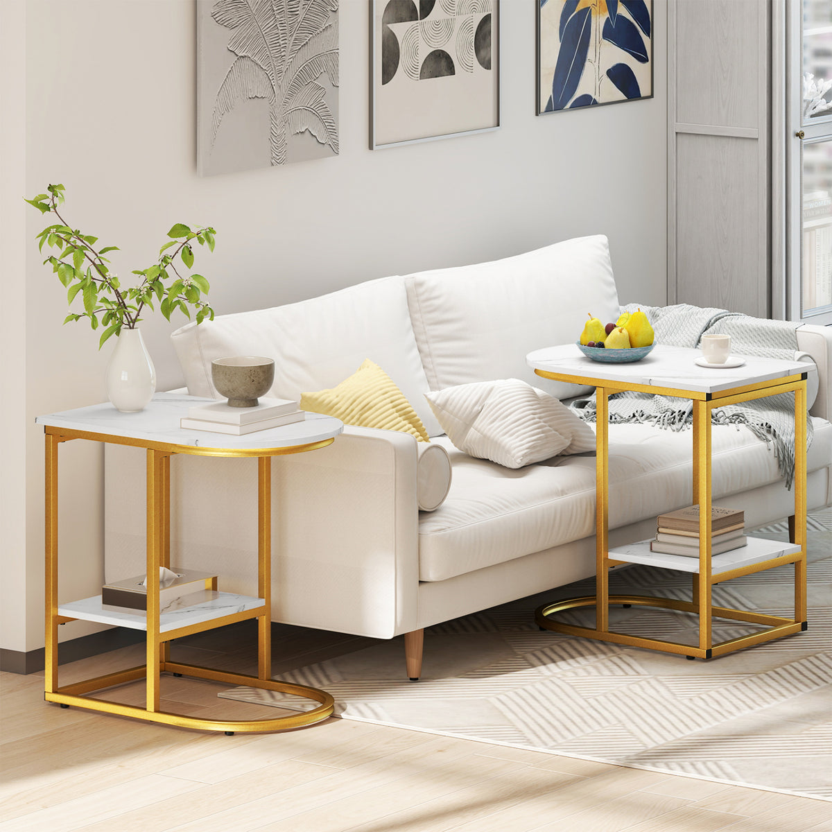 C-shaped Modern Sofa Side Table with Storage Shelf Faux and Marble Tabletop