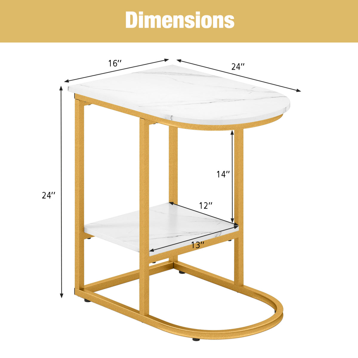 C-shaped Modern Sofa Side Table with Storage Shelf Faux and Marble Tabletop