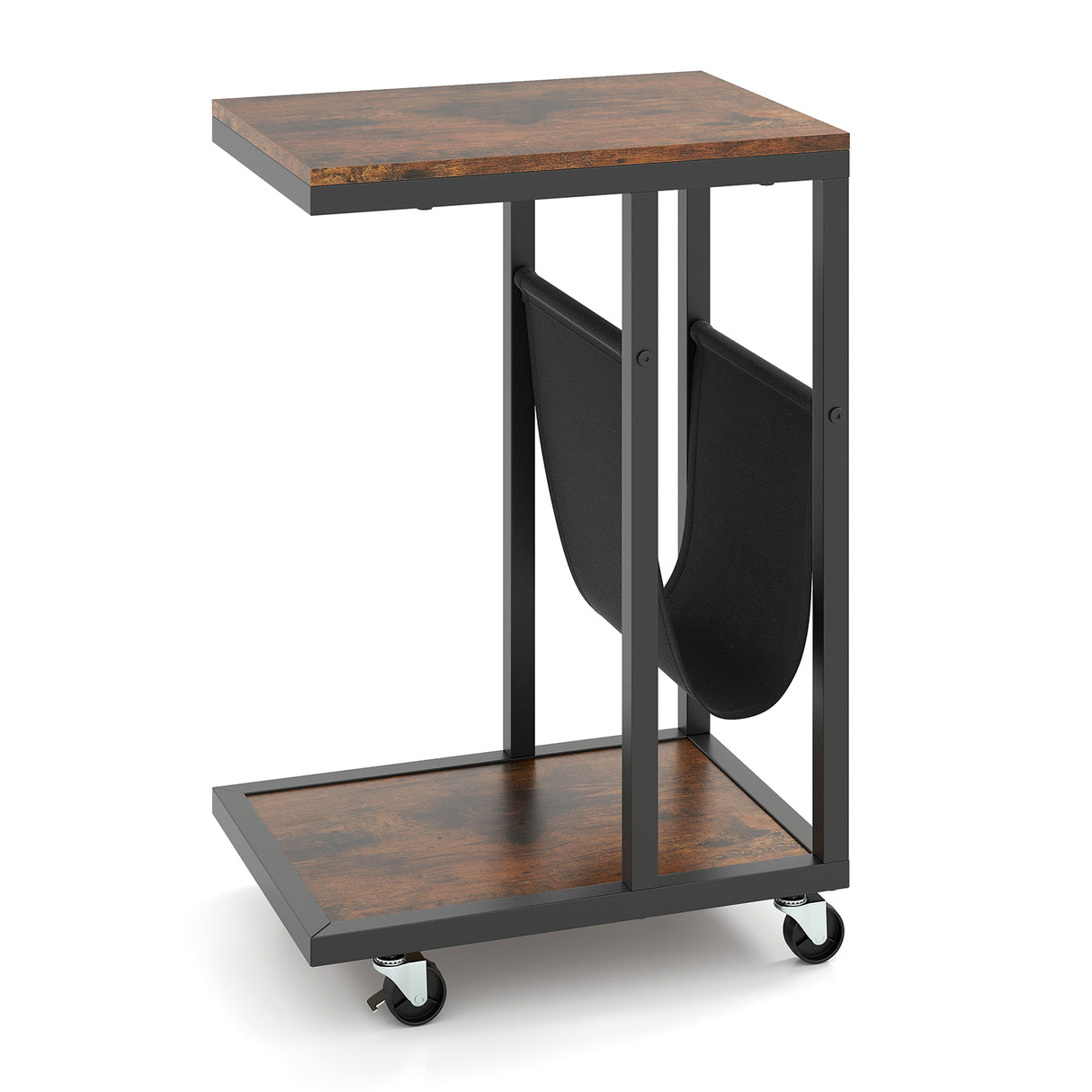 C-shaped Side Table with Canvas Storage Pouch and Metal Frame-Borwn