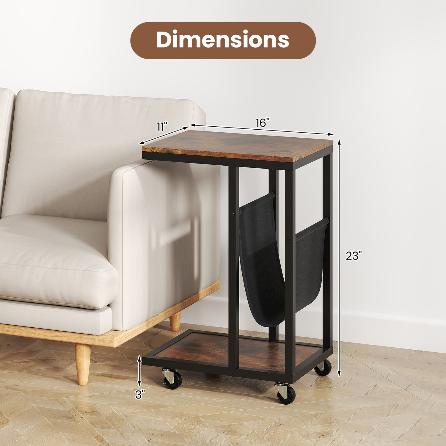 C-shaped Side Table with Canvas Storage Pouch and Metal Frame-Borwn