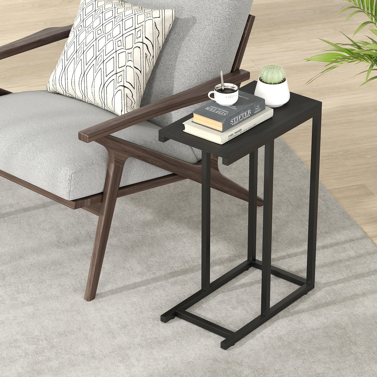 C-shaped Side Table with Heavy-duty Metal Frame