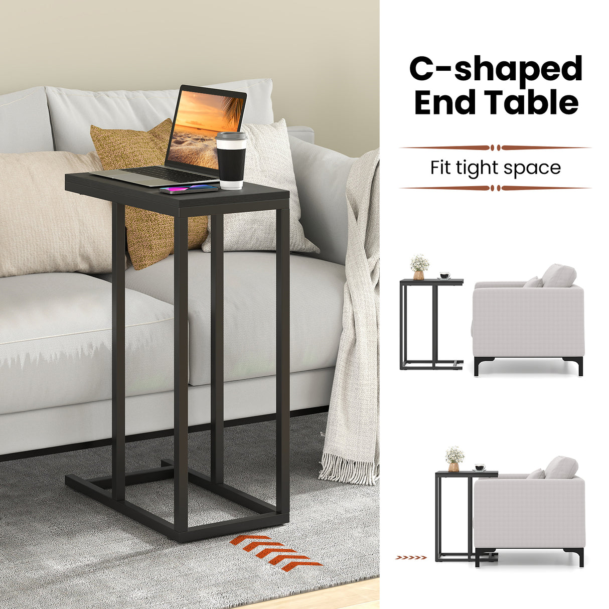 C-shaped Side Table with Heavy-duty Metal Frame