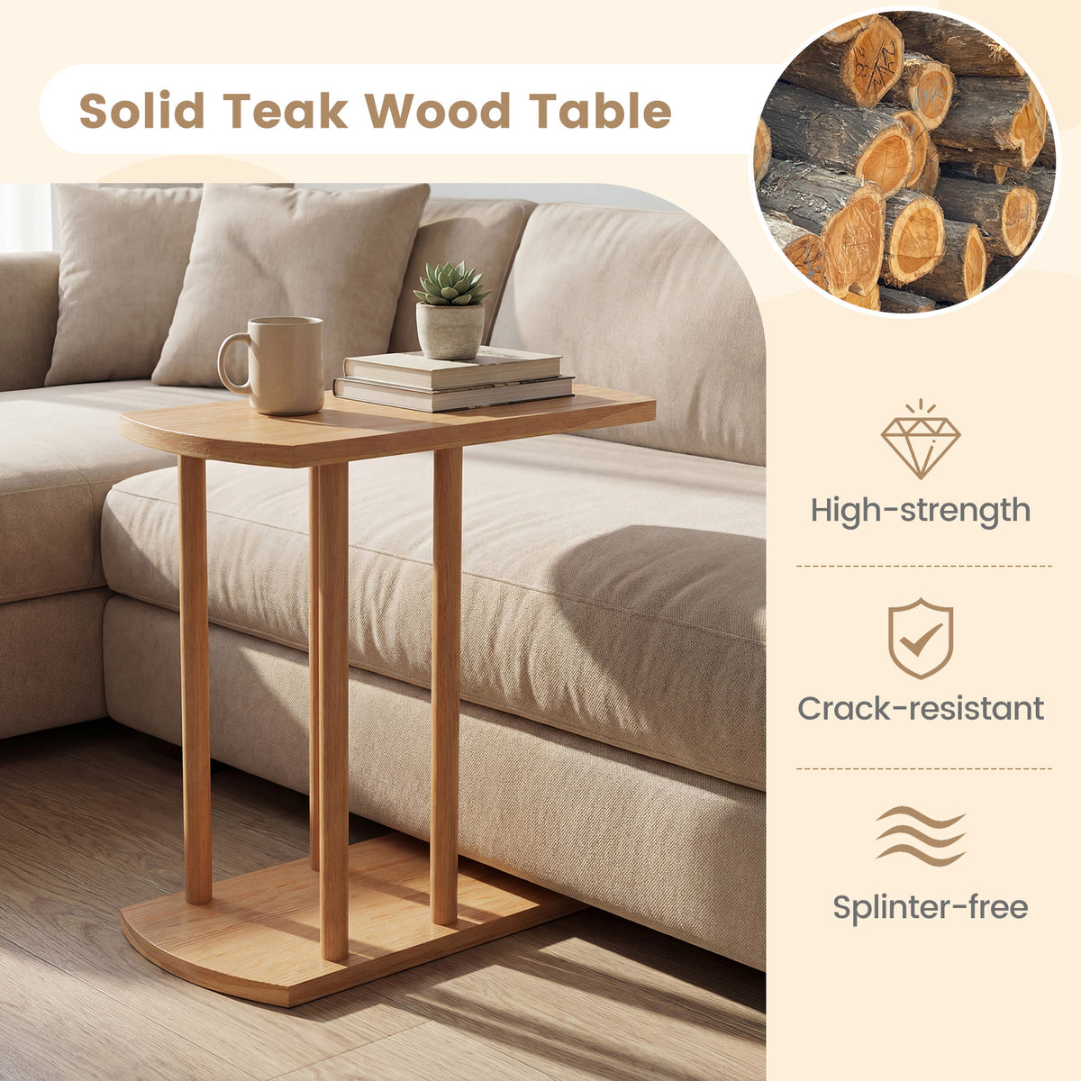 Narrow 2-Tier C-shaped Teak Wood Side Table with Thickened Top and Sturdy Base