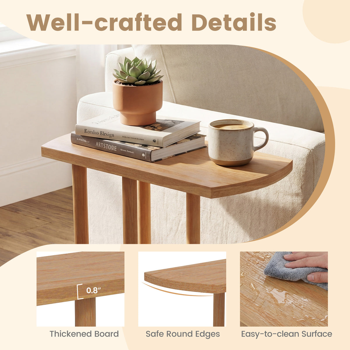 Narrow 2-Tier C-shaped Teak Wood Side Table with Thickened Top and Sturdy Base