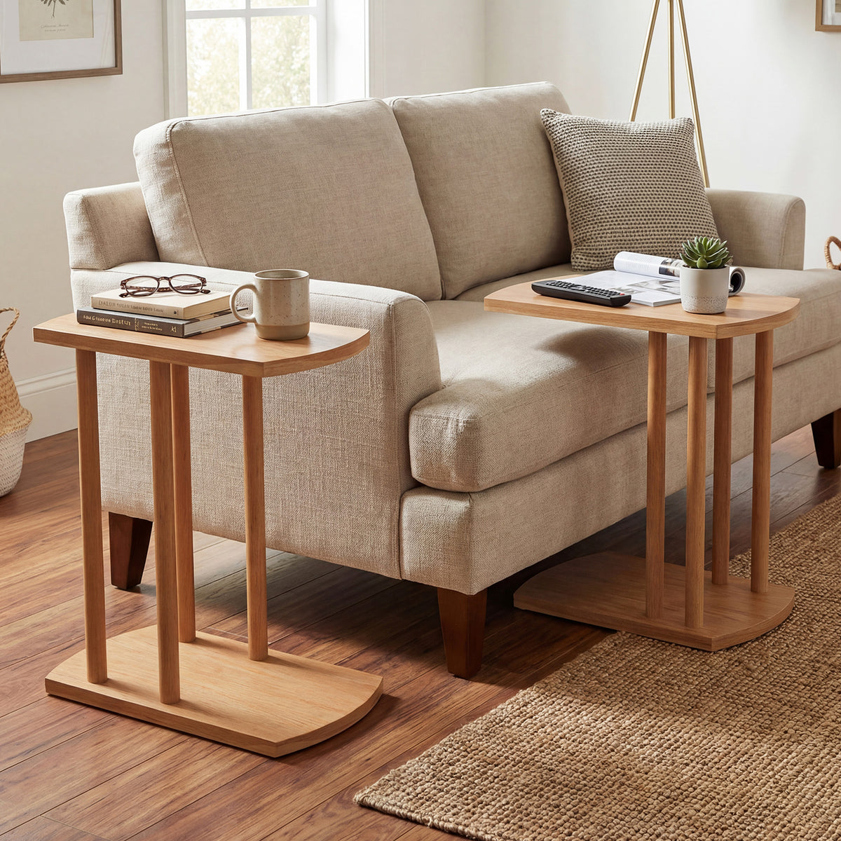 Narrow 2-Tier C-shaped Teak Wood Side Table with Thickened Top and Sturdy Base