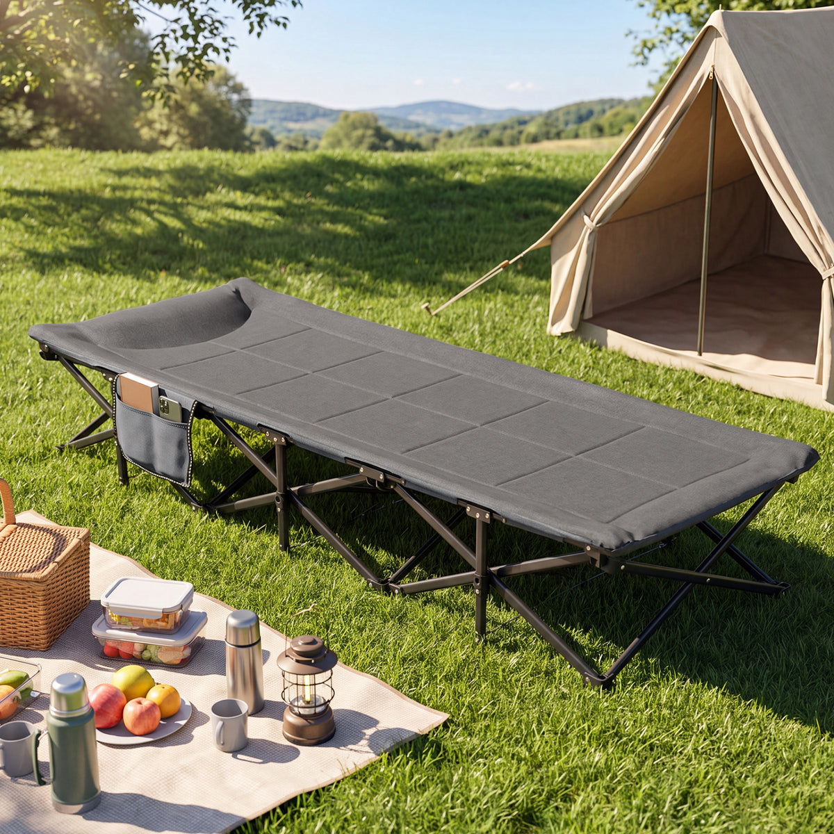 Camping Cot with Padded Pillow and Storage Pouch for Camping Travel-Gray