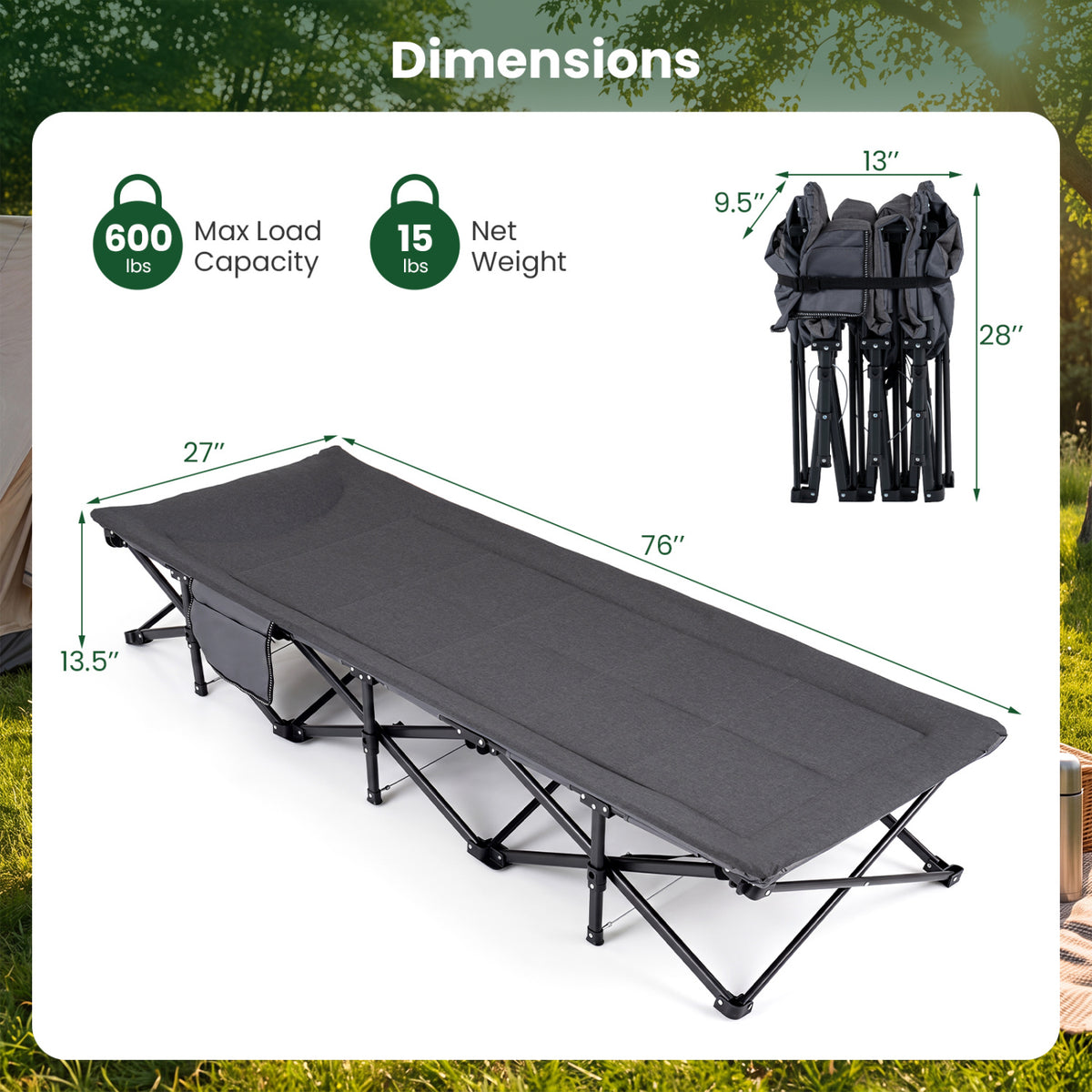 Camping Cot with Padded Pillow and Storage Pouch for Camping Travel-Gray
