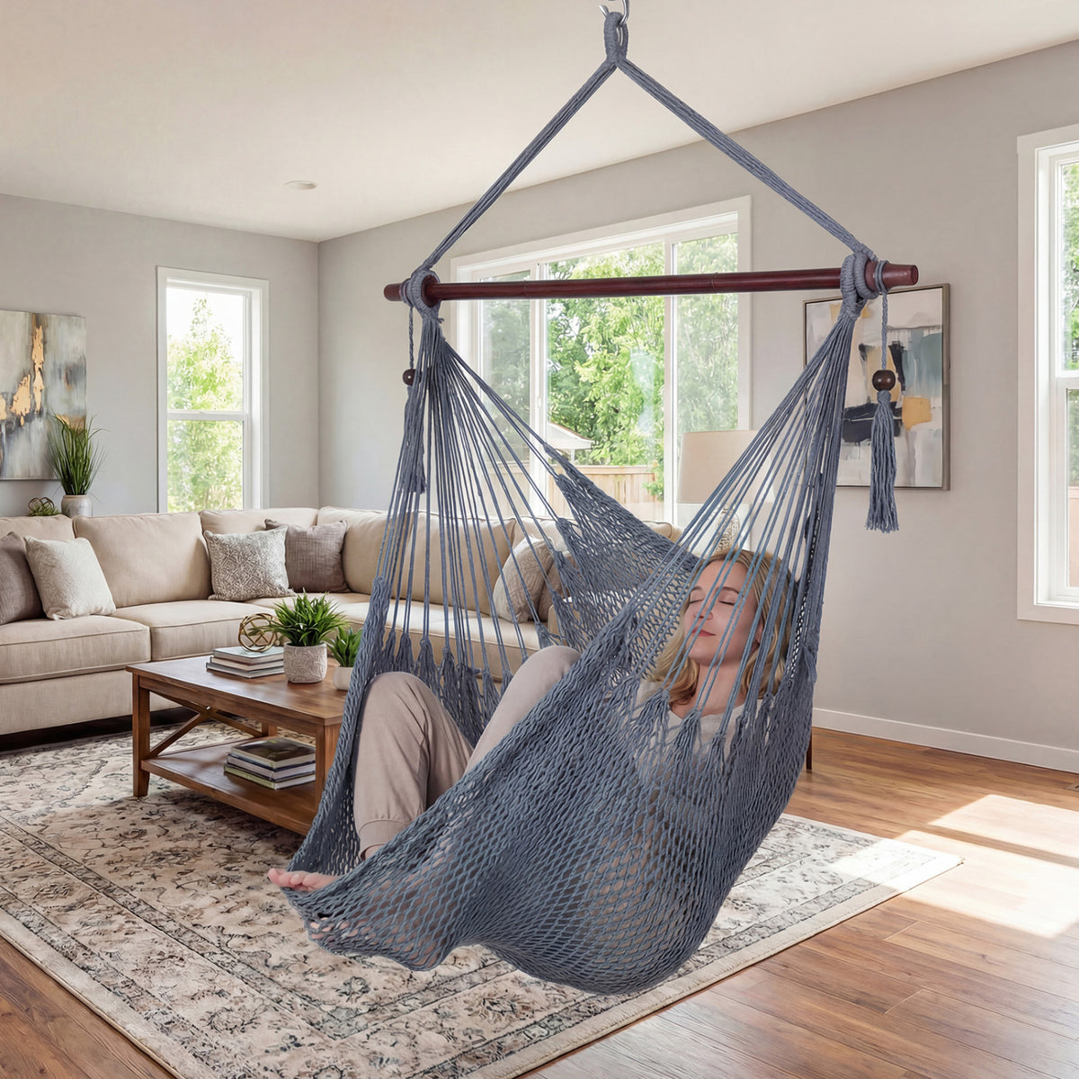 Caribbean Hammock Chair with Metal Spreader Bar Woven Rope Swing