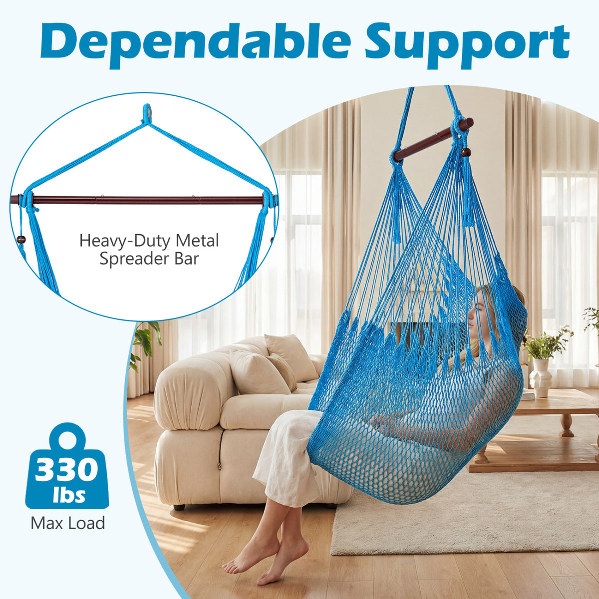 Caribbean Hammock Chair with Metal Spreader Bar Woven Rope Swing