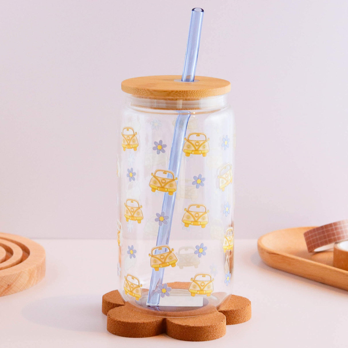 Cars and Daisies 16 oz Glass Cup Set