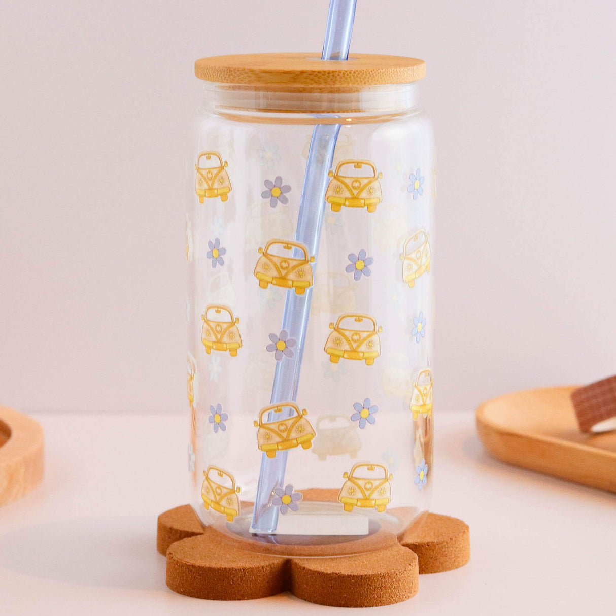 Cars and Daisies 16 oz Glass Cup Set