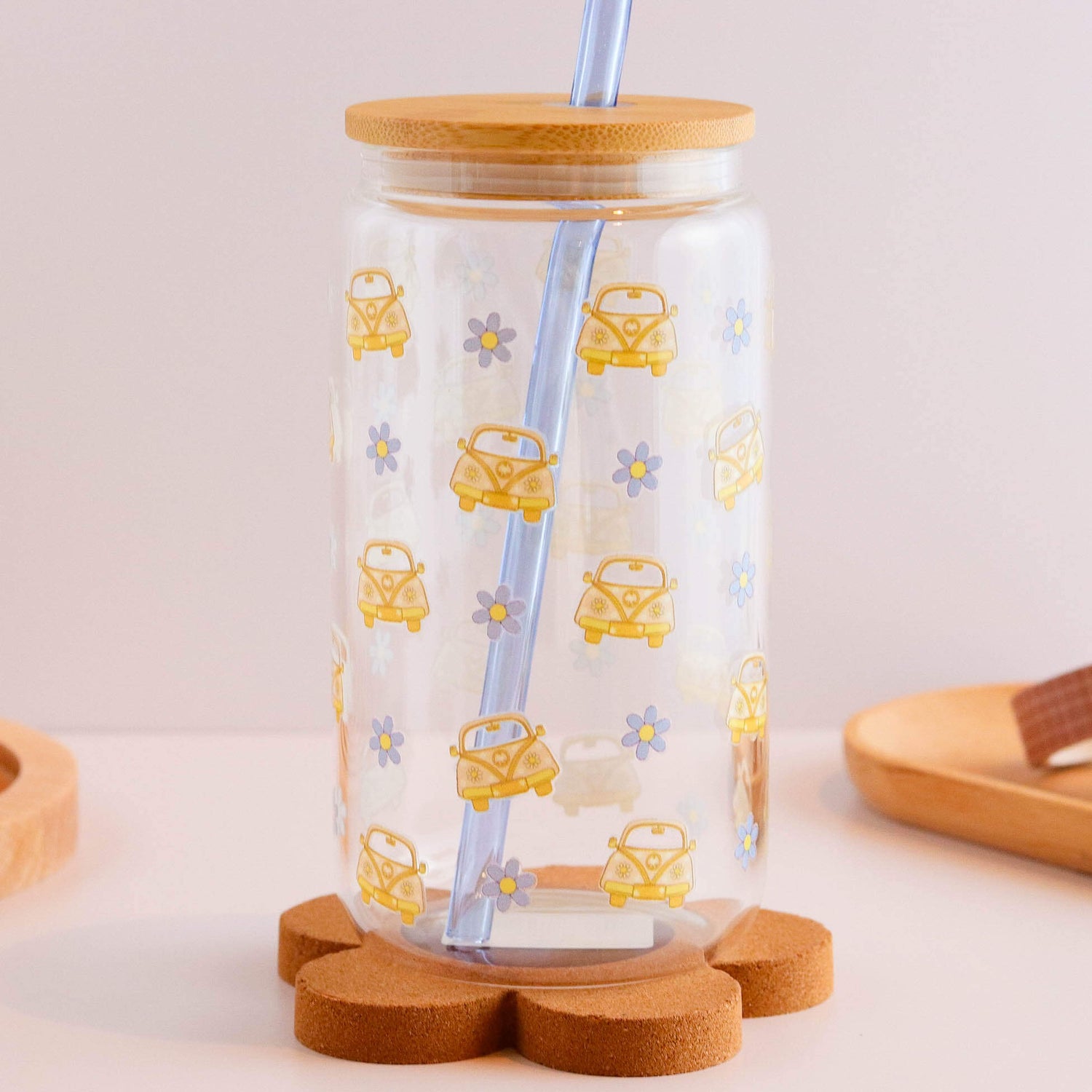 Cars and Daisies 16 oz Glass Cup Set