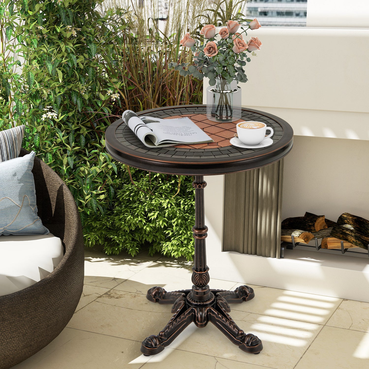 24" Round Patio Dining Table Weather-resistant Cast Aluminum Table-Bronze