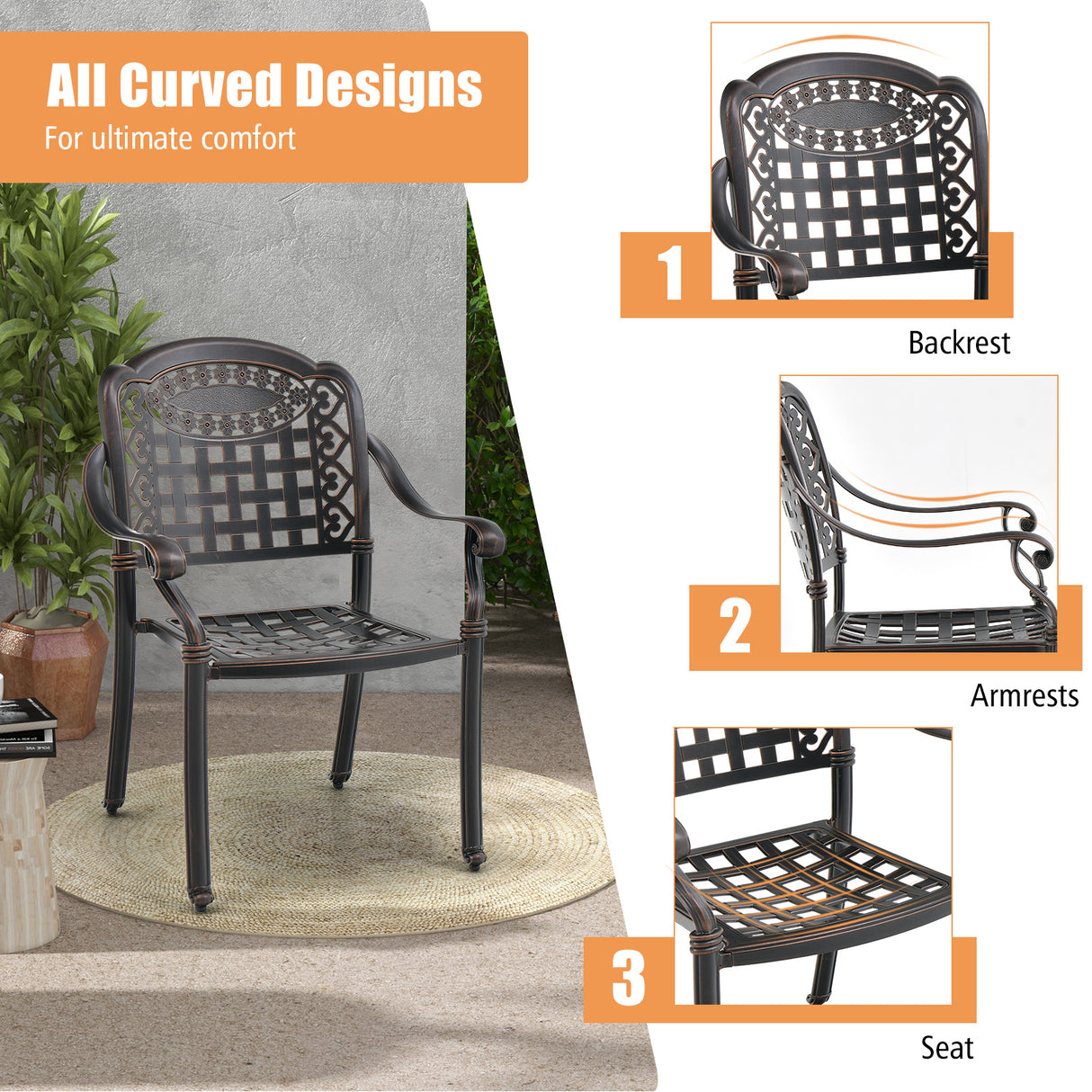 Set of 2 Cast Aluminum Patio Chairs with Armrests