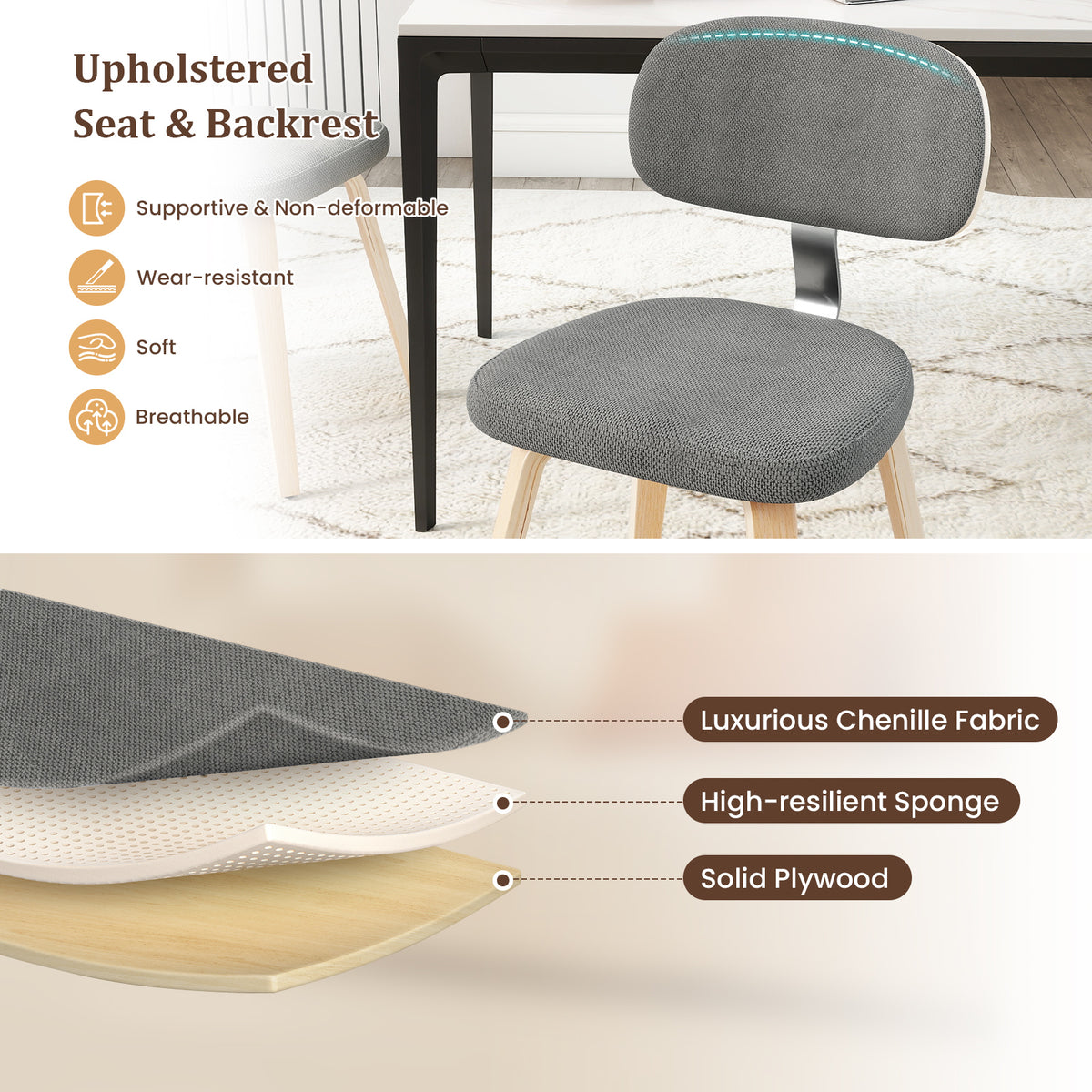 Chenille Fabric Upholstered Wooden Kitchen Chairs Set of 4