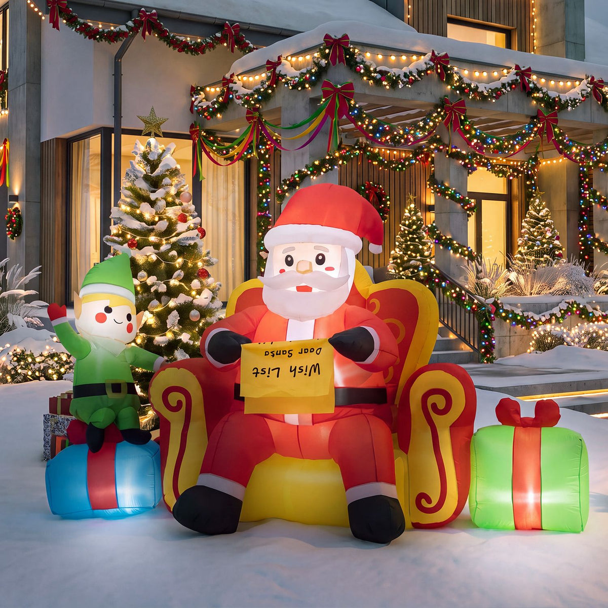 Christmas Inflatable Santa Claus on Sofa with Elf and Gift Boxes