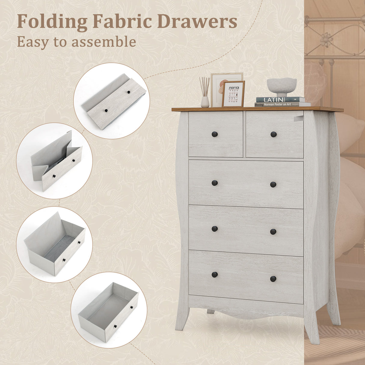 Closet Storage Organizer with 5 Folding Fabric Drawers and Anti-tipping Kit