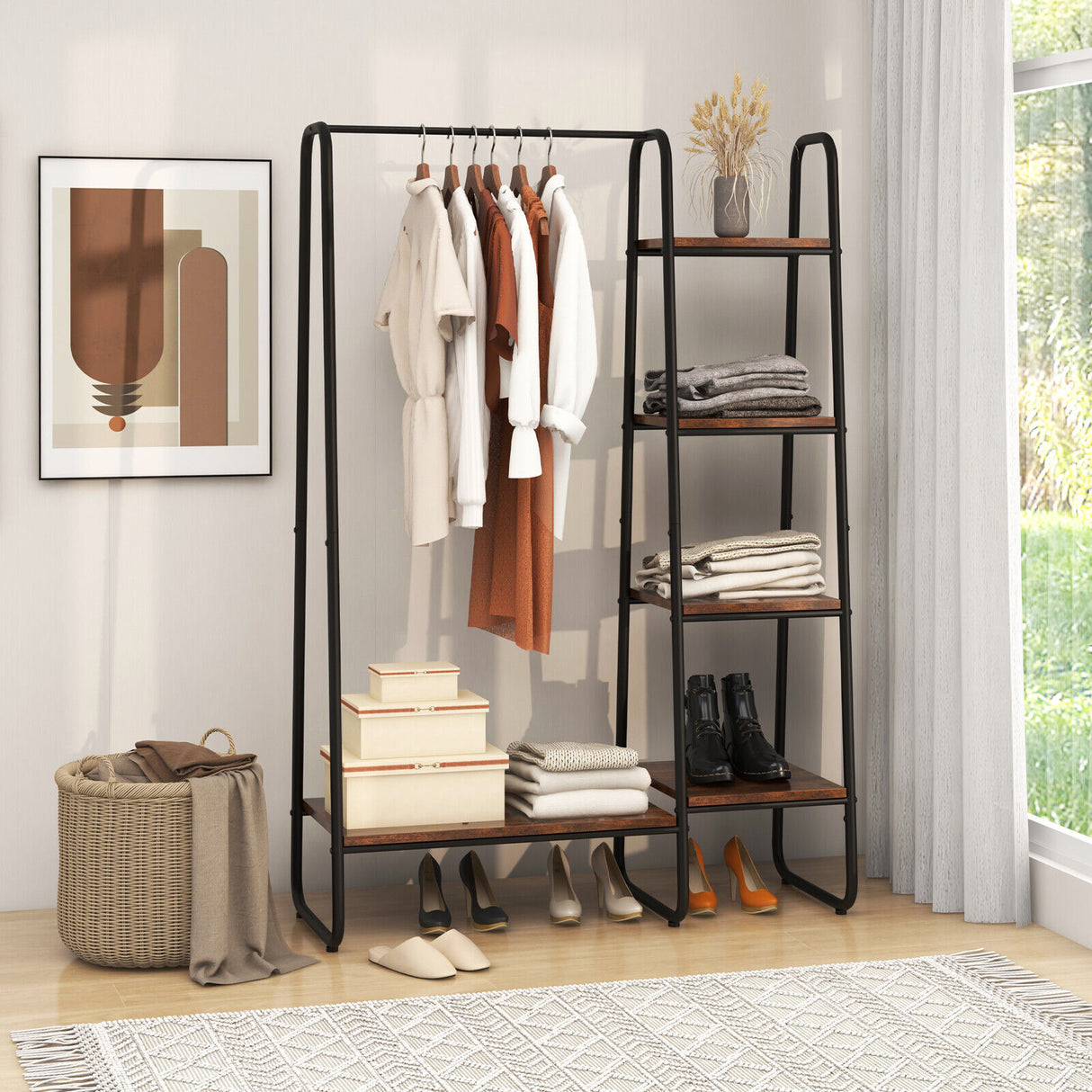 Clothes Rack Freestanding Storage Tower with Hanging Bar