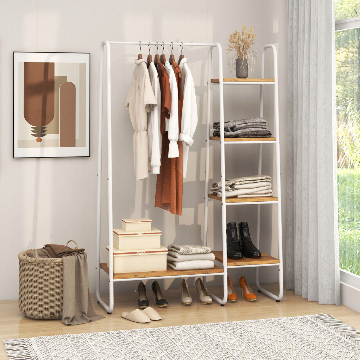 Clothes Rack Freestanding Storage Tower with Hanging Bar