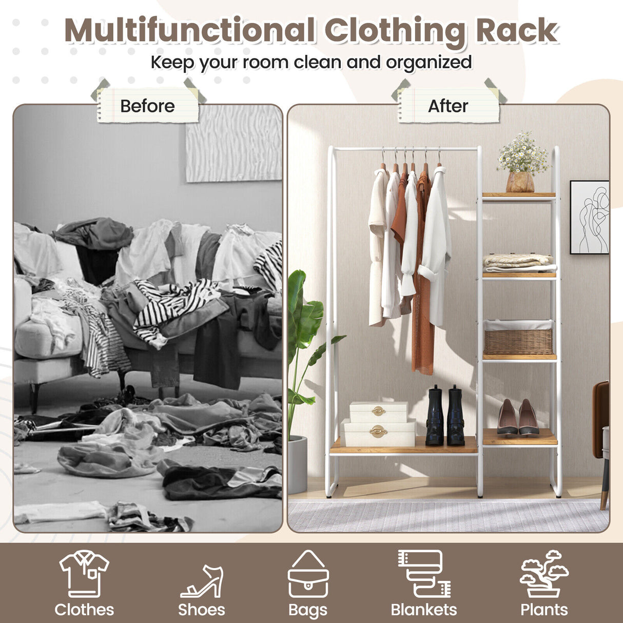 Clothes Rack Freestanding Storage Tower with Hanging Bar
