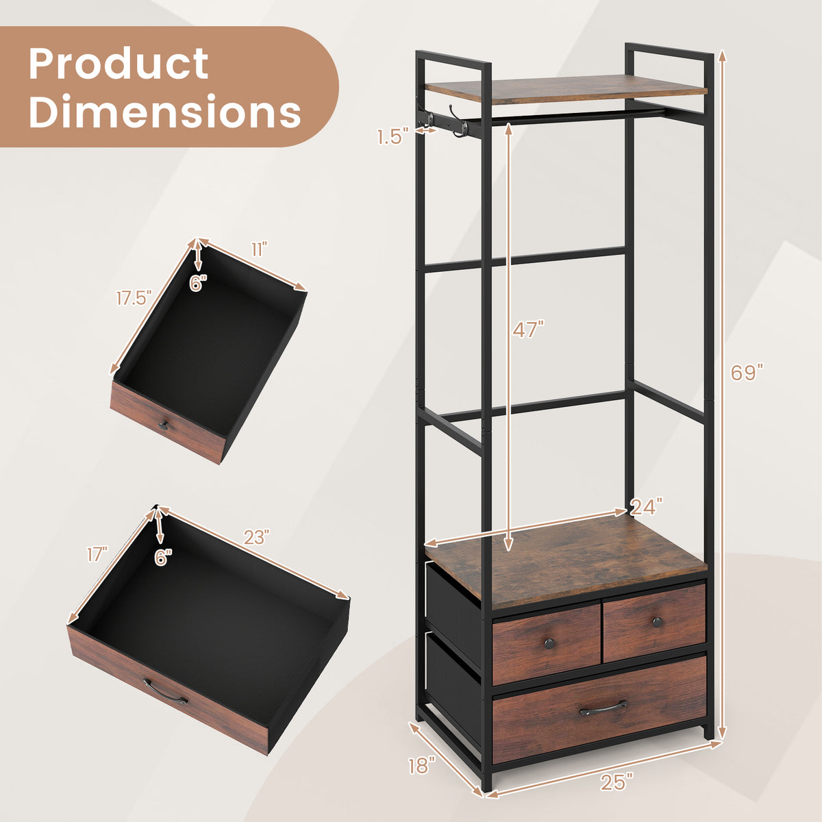 Clothes Rack with Drawers and Shelves with Side Hooks and Metal Frame-Rustic Brown