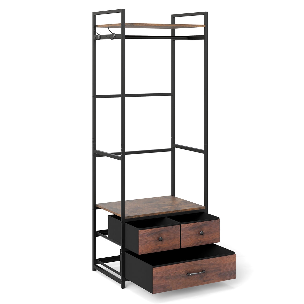 Clothes Rack with Drawers and Shelves with Side Hooks and Metal Frame-Rustic Brown