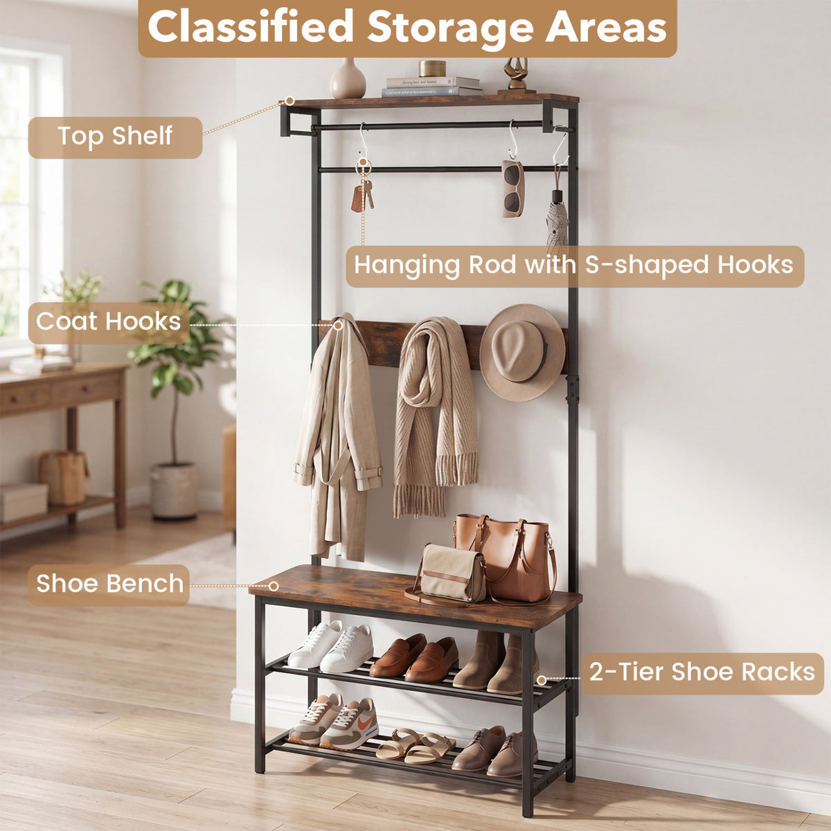 Coat Rack 4-In-1 Hall Tree with Shoe Bench and Removable Hooks-Coffee