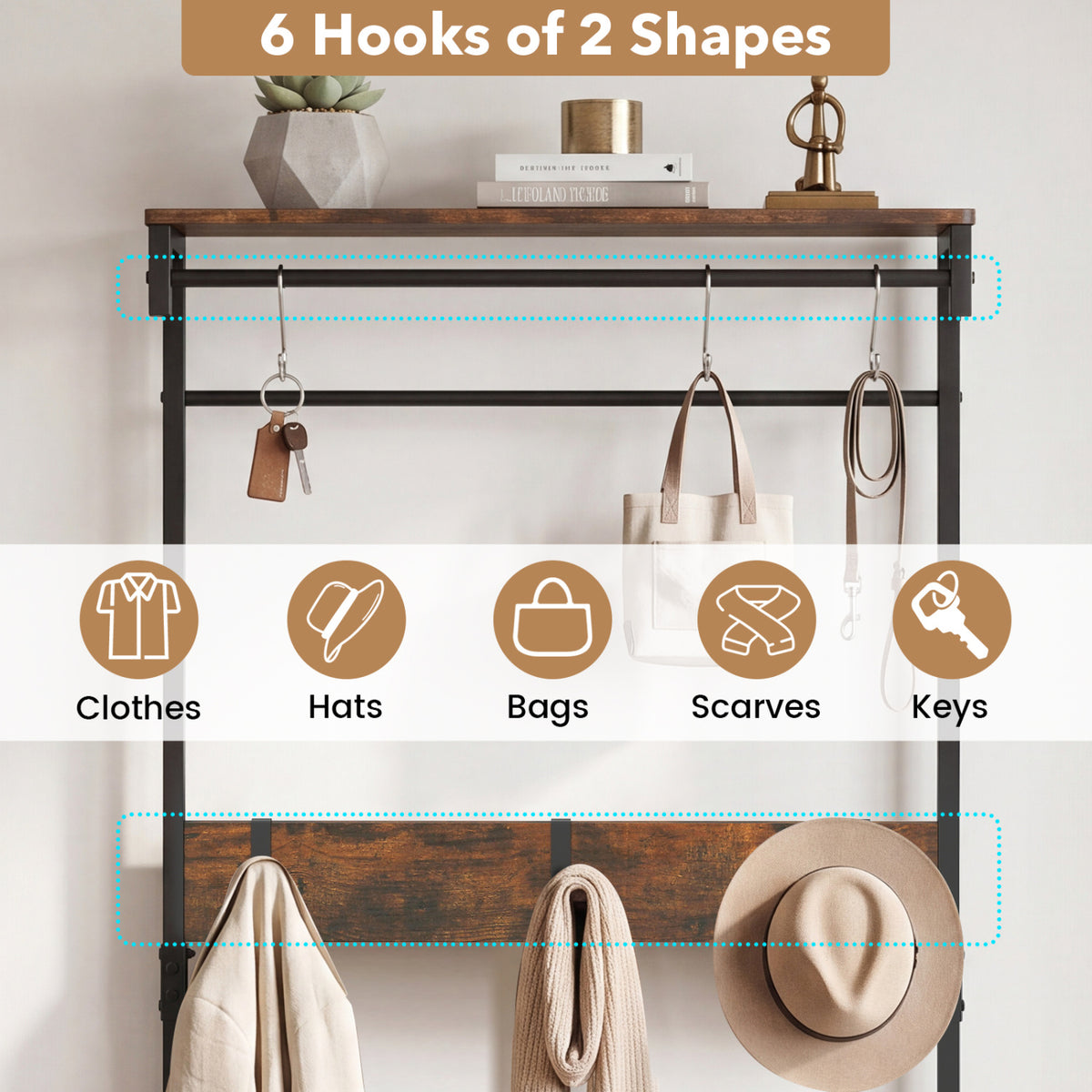 Coat Rack 4-In-1 Hall Tree with Shoe Bench and Removable Hooks-Coffee