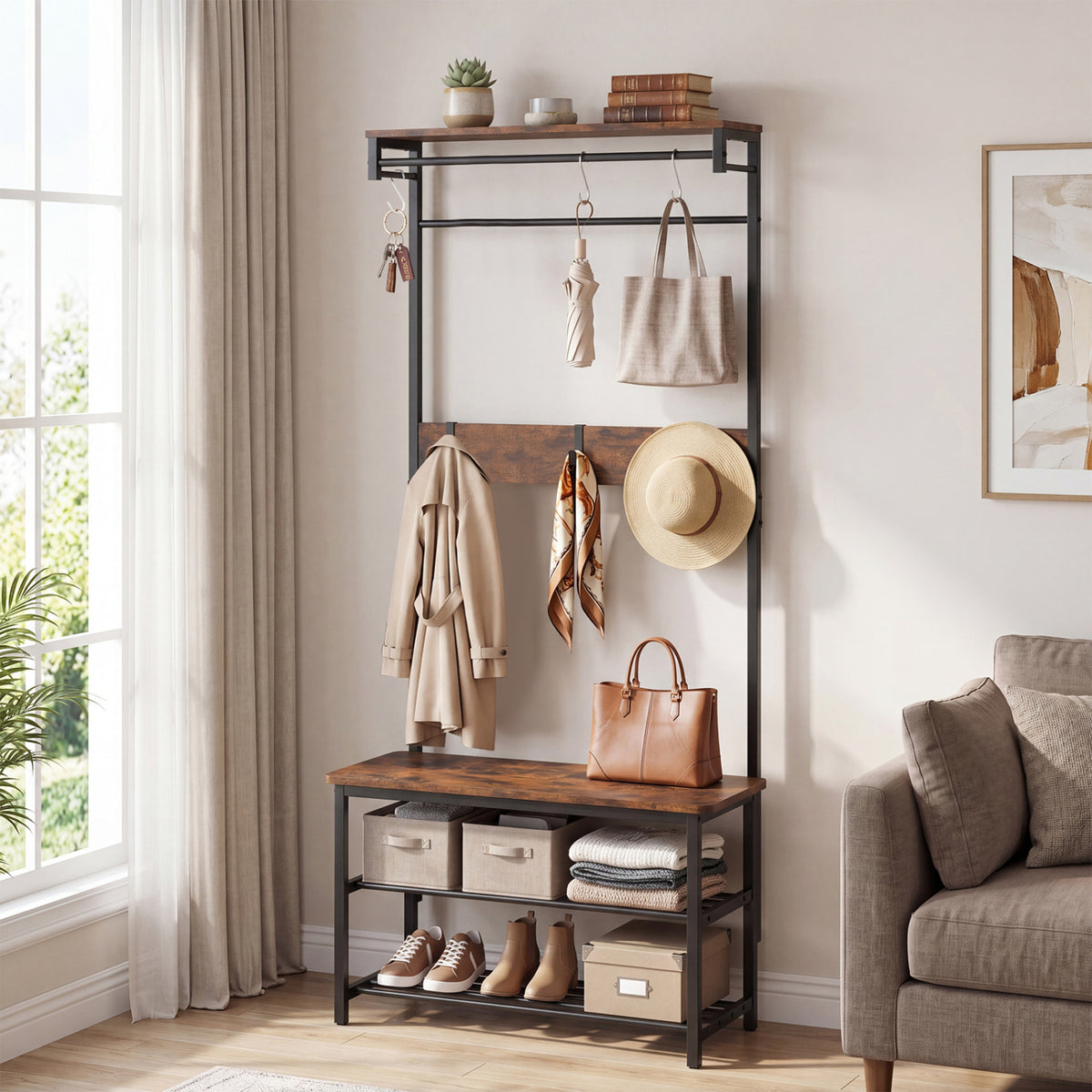 Coat Rack 4-In-1 Hall Tree with Shoe Bench and Removable Hooks-Coffee