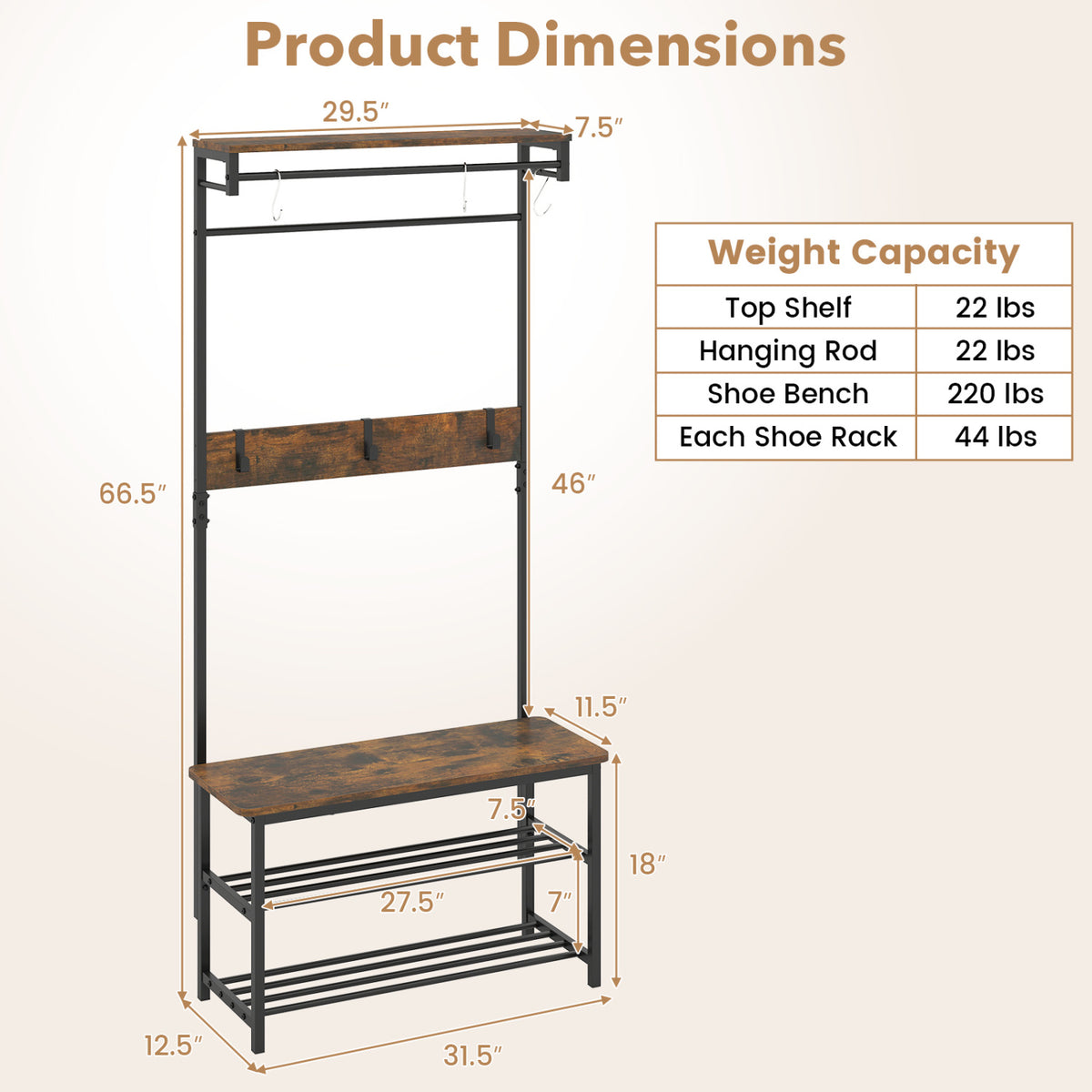 Coat Rack 4-In-1 Hall Tree with Shoe Bench and Removable Hooks-Coffee
