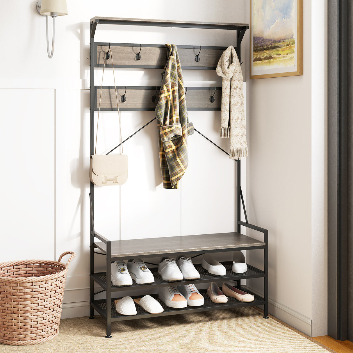 Coat Rack 4-In-1 Hall Tree with 11 Hanging Hooks Shoe Bench