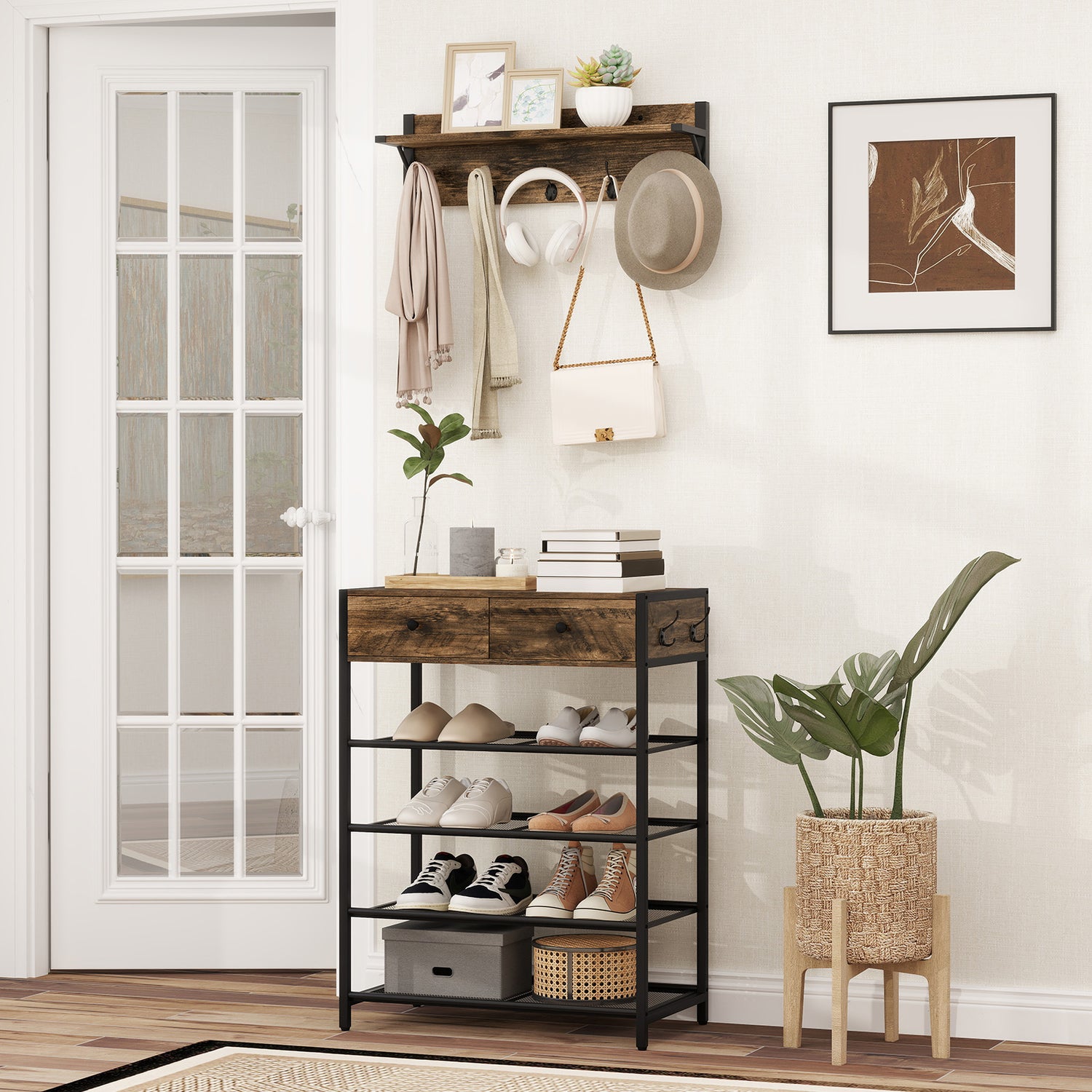 Coat Rack Shoe Stand Set 5-Tier Shoe Rack with Wall-Mounted Coat Hanger-Brown