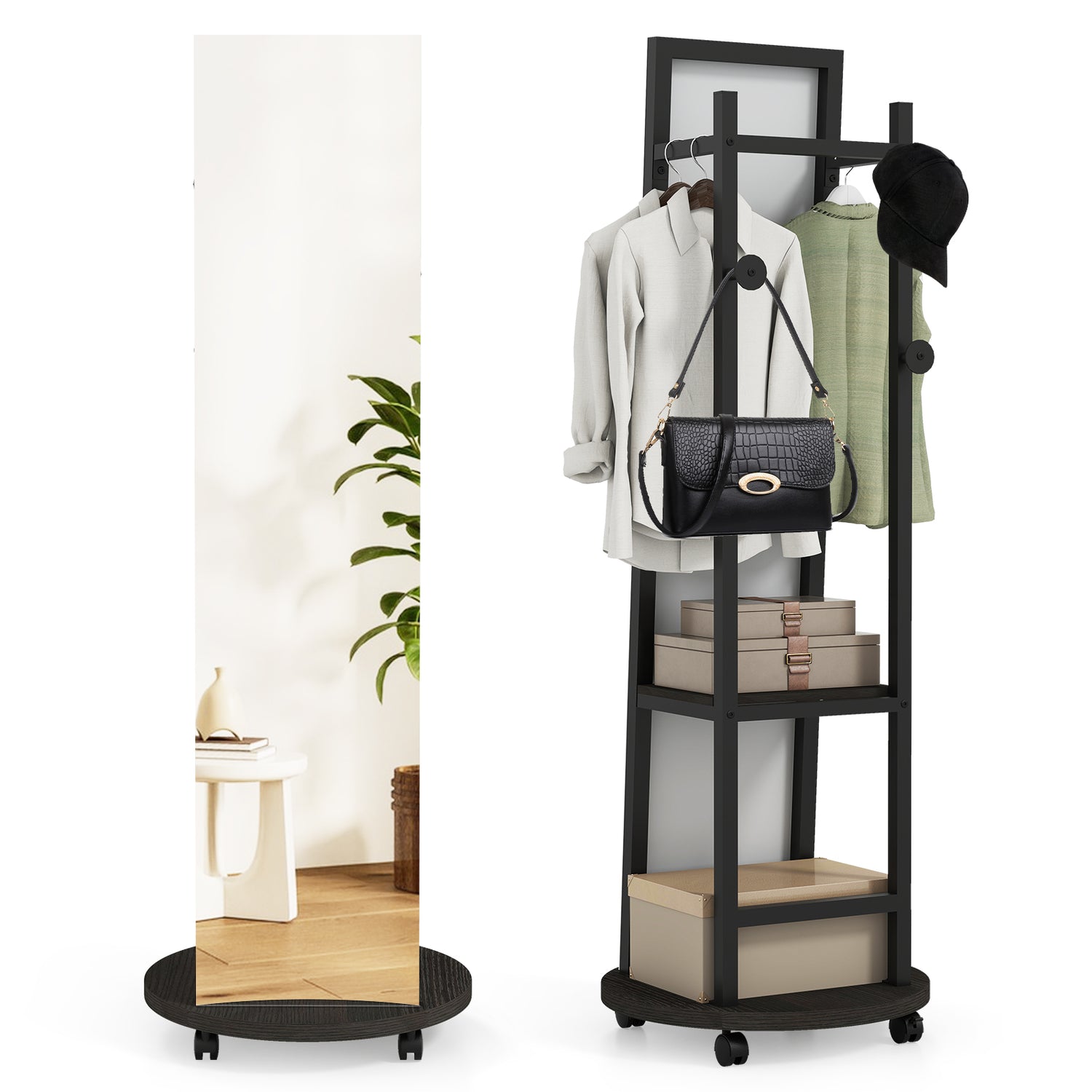 Coat Rack with Full Length Mirror Freestanding Coat Tree with 3 Hooks
