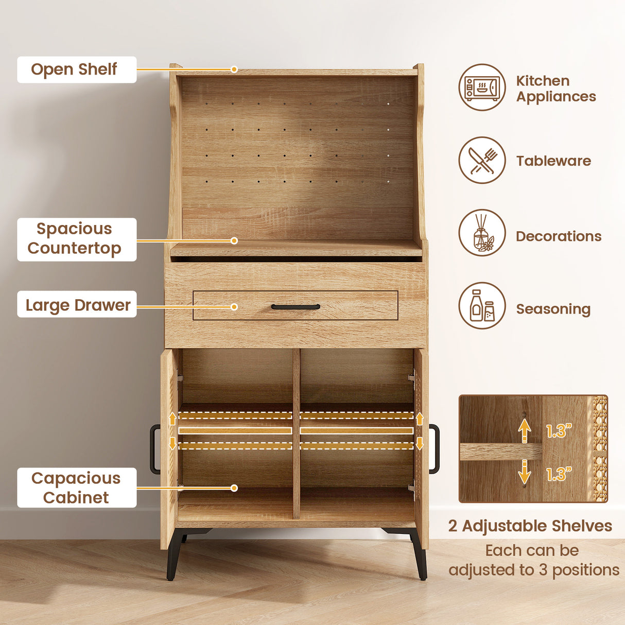 Coffee Bar Cabinet with Pegboard Storage Drawer and Adjustable Shelf-Oak