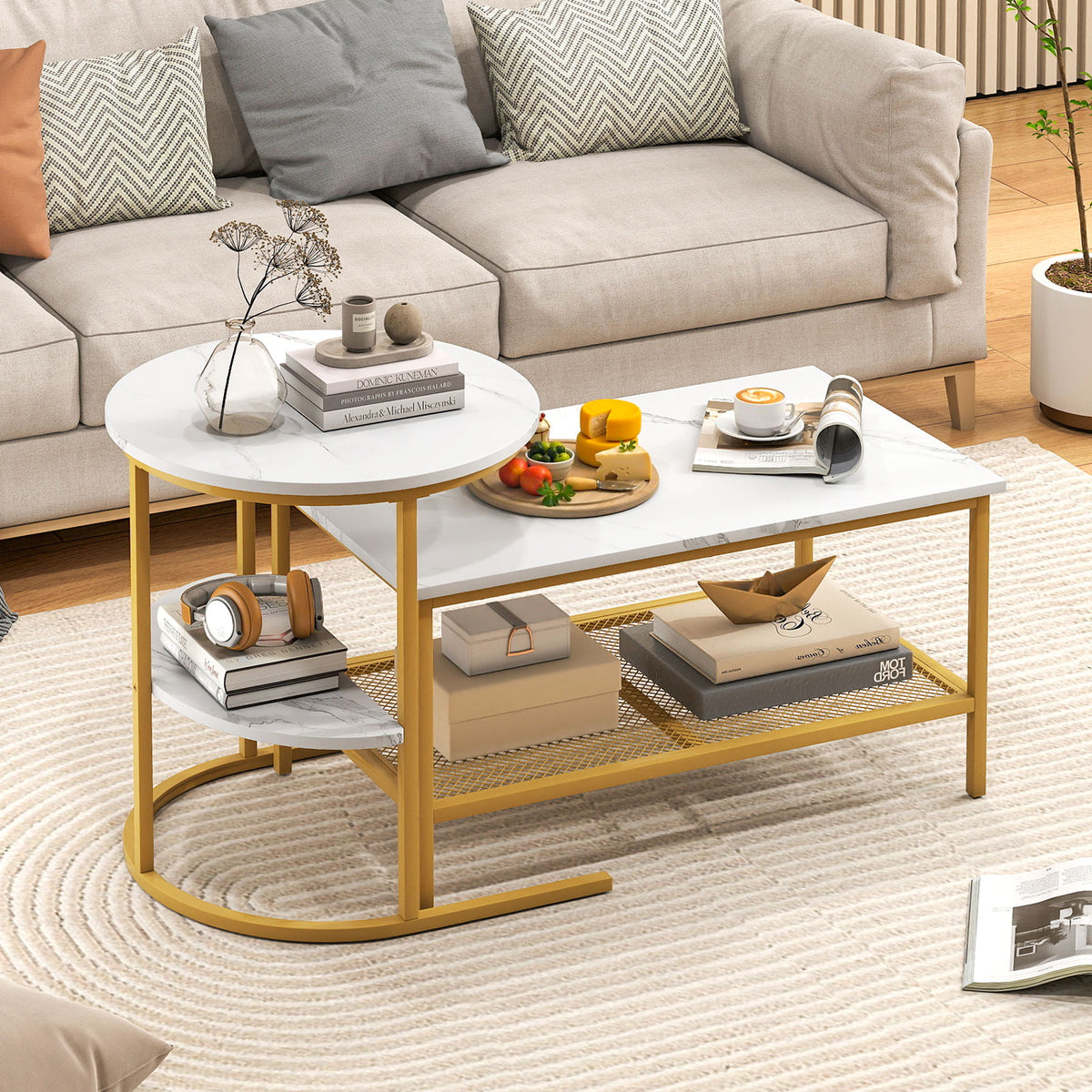 Coffee Table Set of 2 2-Tier Rectangle Coffee Table and Side End Table with Storage Shelves
