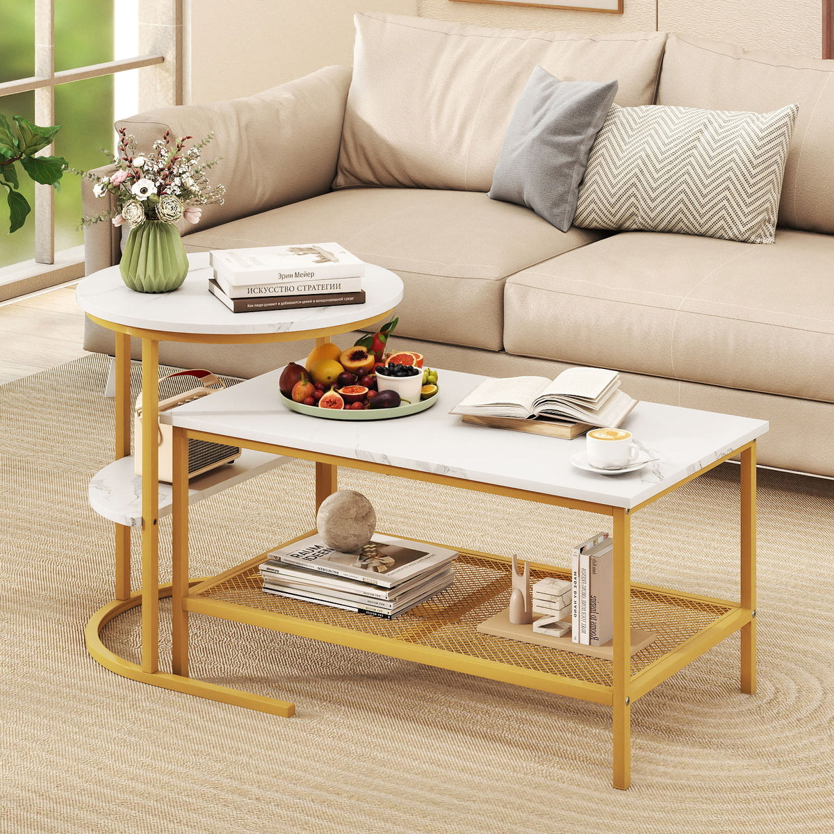 Coffee Table Set of 2 2-Tier Rectangle Coffee Table and Side End Table with Storage Shelves