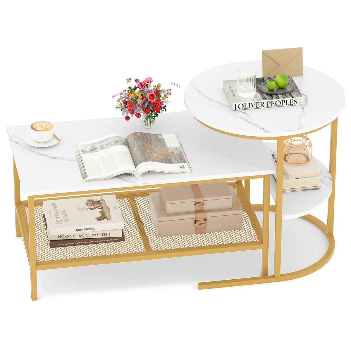 Coffee Table Set of 2 2-Tier Rectangle Coffee Table and Side End Table with Storage Shelves
