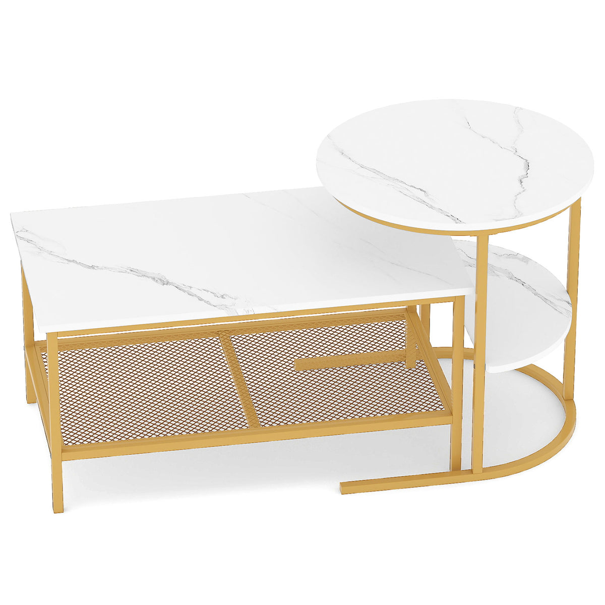 Coffee Table Set of 2 2-Tier Rectangle Coffee Table and Side End Table with Storage Shelves