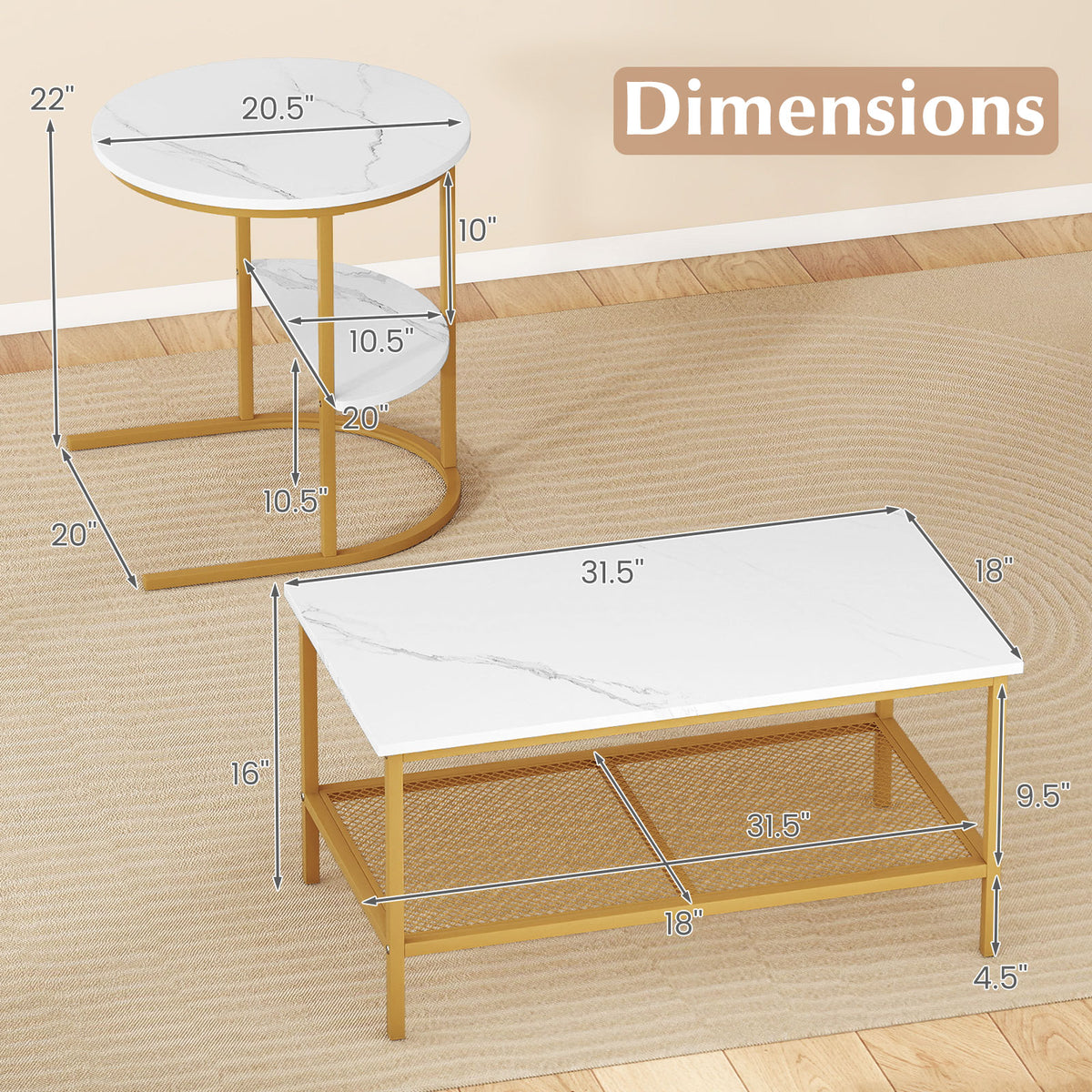 Coffee Table Set of 2 2-Tier Rectangle Coffee Table and Side End Table with Storage Shelves
