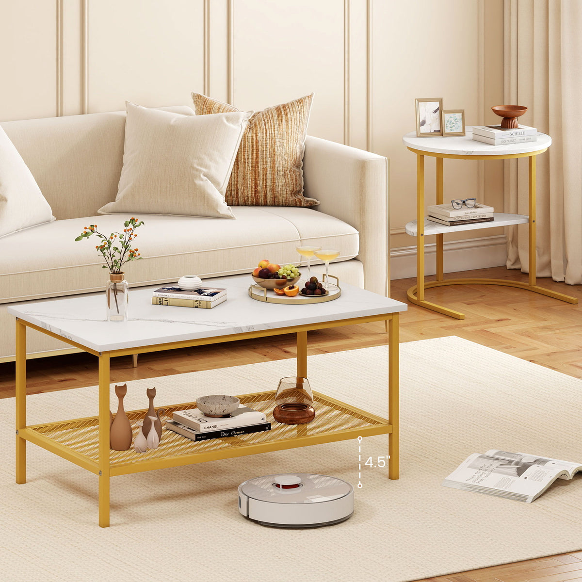 Coffee Table Set of 2 2-Tier Rectangle Coffee Table and Side End Table with Storage Shelves